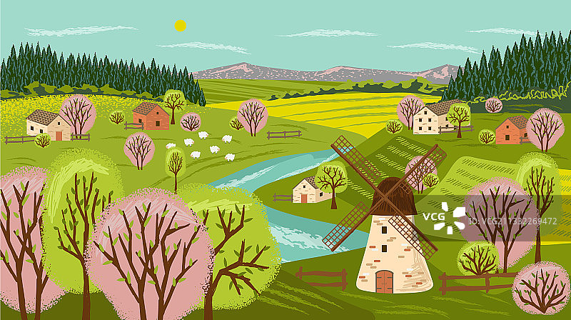 手绘乡村农场风景海报图片素材