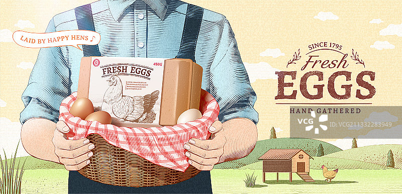新鲜鸡蛋广告 蚀刻风农场主人抱着一篮鸡蛋图片素材
