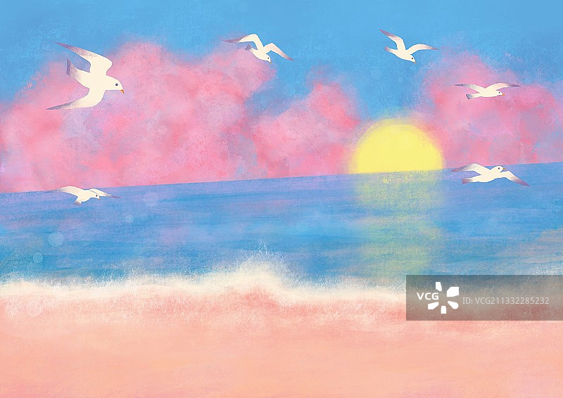 夕阳,沙滩,云海,海鸥,海浪,唯美,背景,云,户外,自然,图片素材