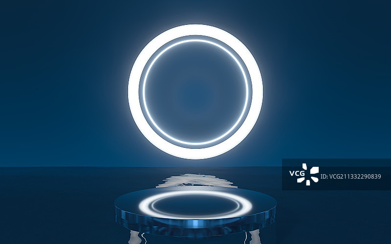 展示台与环状光线背景 3D渲染图片素材
