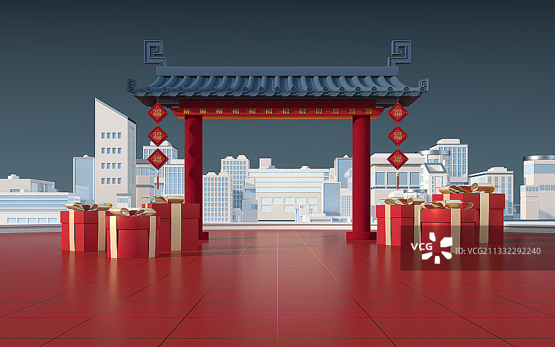 中国风建筑与礼盒装饰背景 3D渲染图片素材