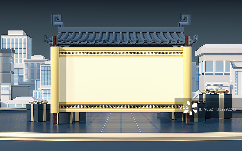 中国风建筑与礼盒装饰背景 3D渲染图片素材