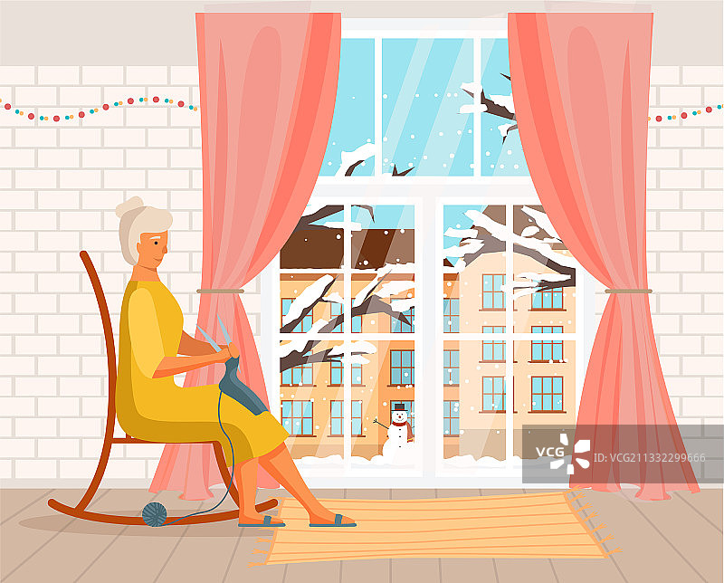 正在织围巾并向外看的老年妇女图片素材