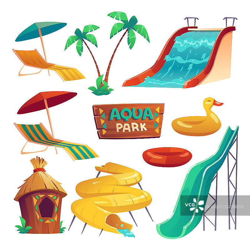 水上乐园与水滑梯和充气圈图片素材