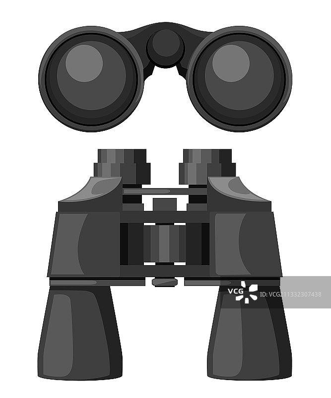 黑色双筒望远镜正面和顶部视图，镜头关闭图片素材