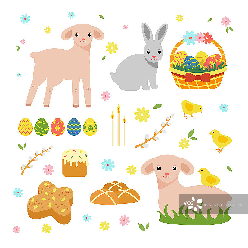 复活节春季可爱绵羊兔子彩蛋图片素材