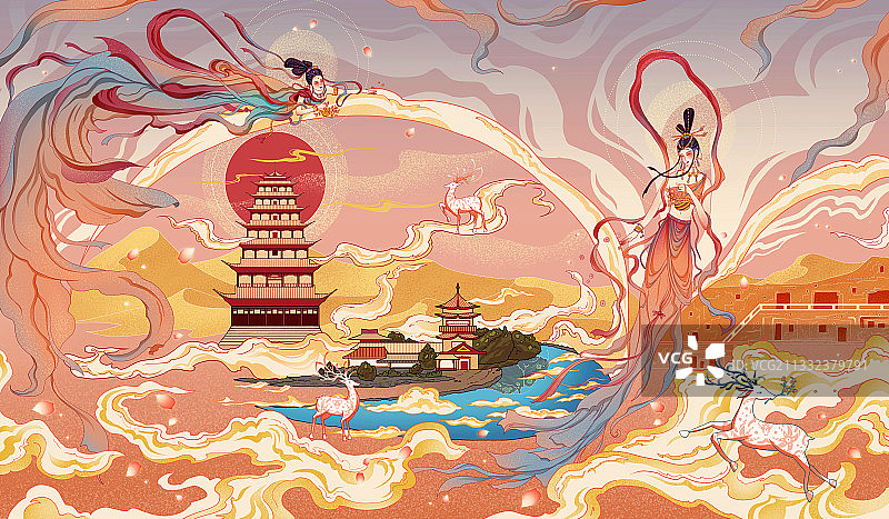 敦煌飞天粉色调国潮创意插画图片素材