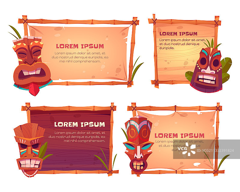 竹制框架和提基面具的标牌图片素材