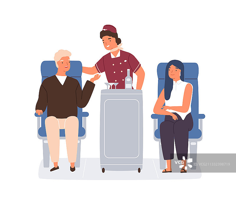 友善的空姐滚动推车提供服务图片素材
