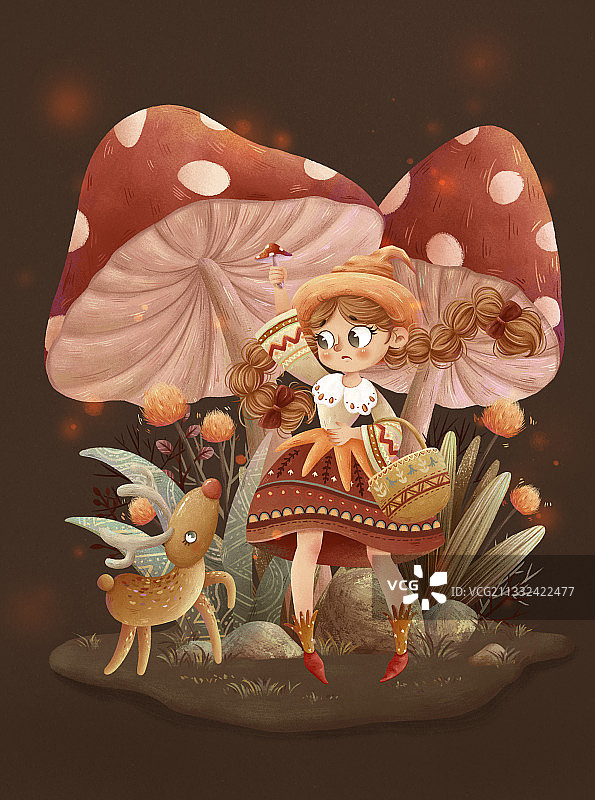 采蘑菇的小姑娘图片素材