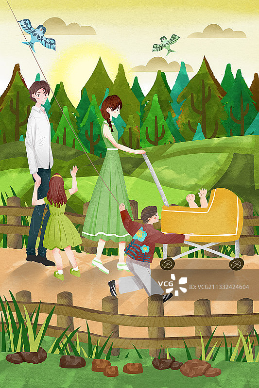 三胎家庭一家四口郊游插画图片素材