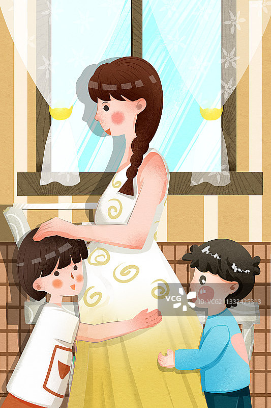 三胎家庭妈妈和孩子插画图片素材
