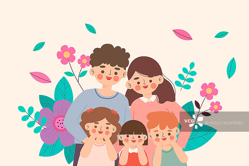 父母与三个孩子在一起矢量插画图片素材