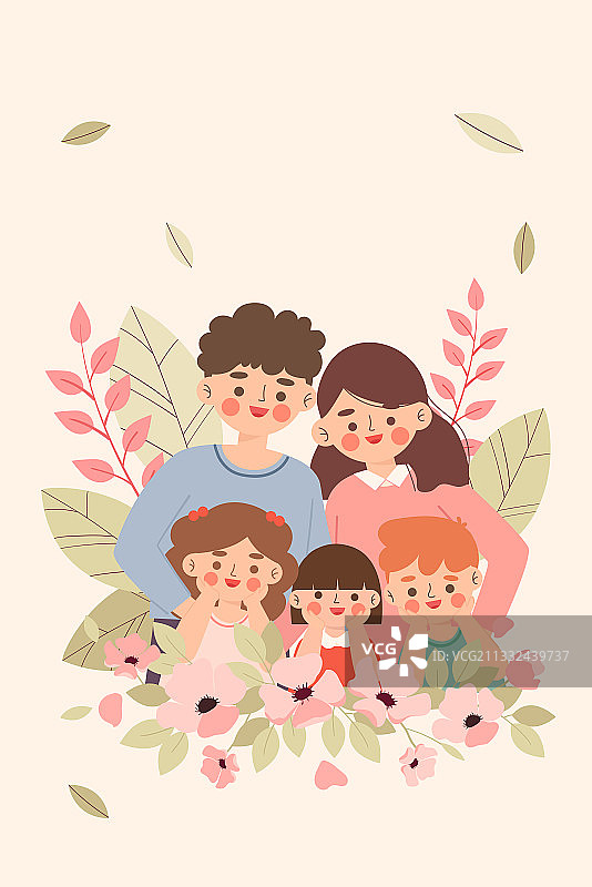 年轻父母与三个孩子矢量插画图片素材