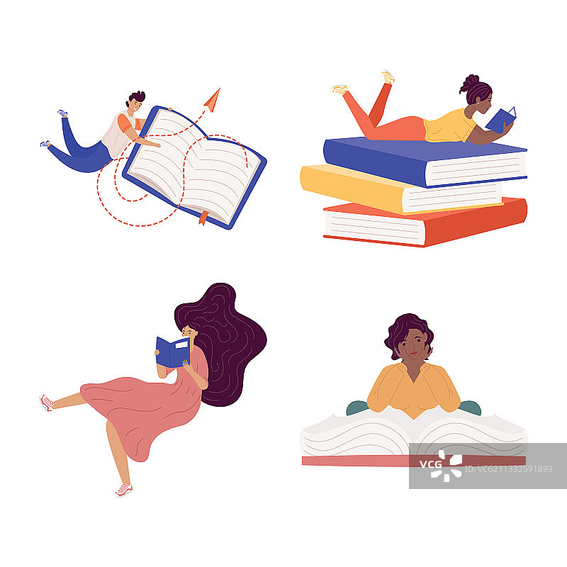 四个读书的跨种族读者图片素材