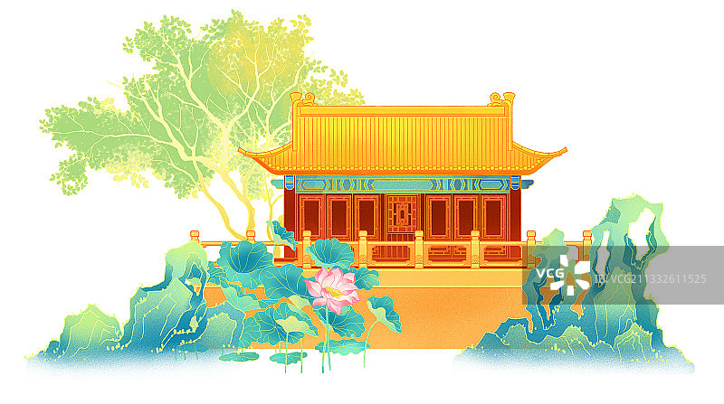 宫殿栏杆假山荷花荷叶树国潮插画图片素材