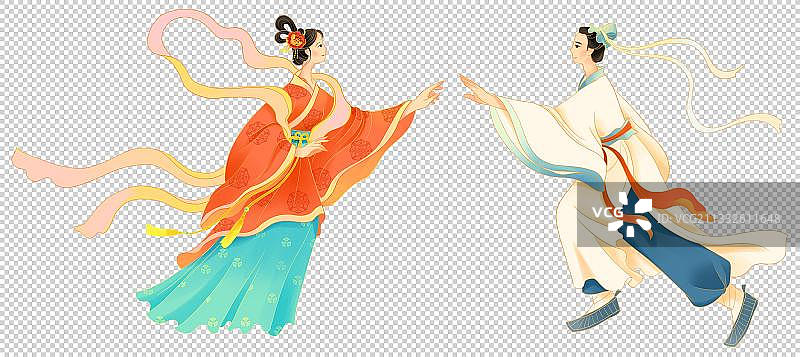 七夕牛郎织女古装情侣相会国潮插画图片素材