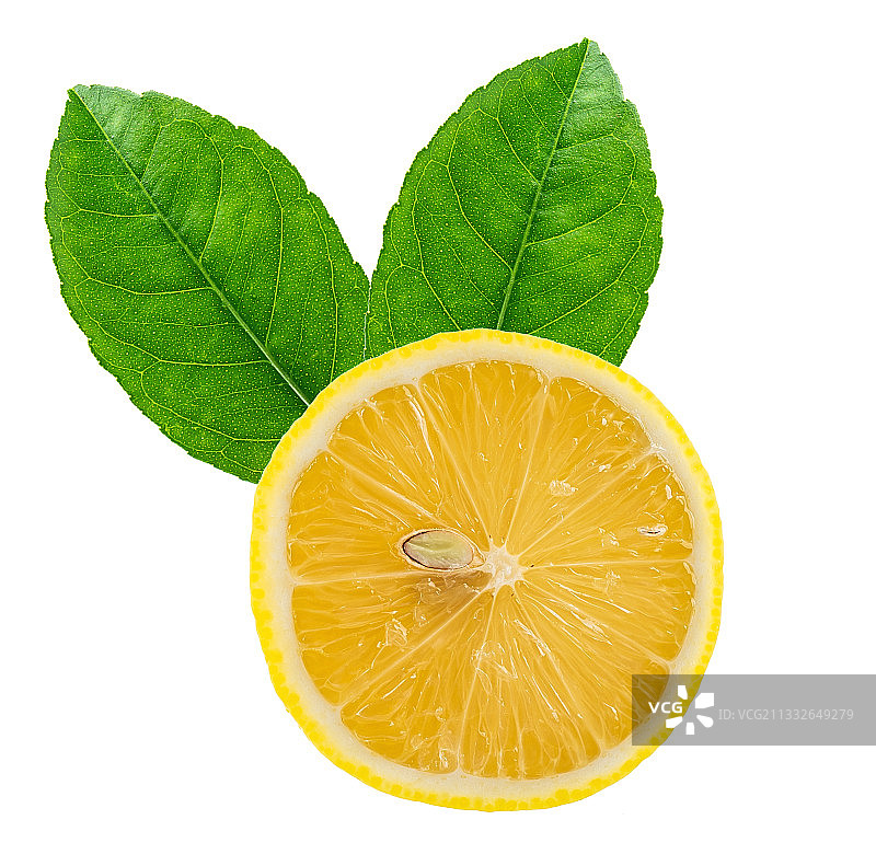 白背景上的新鲜带叶子的柠檬切片图片素材