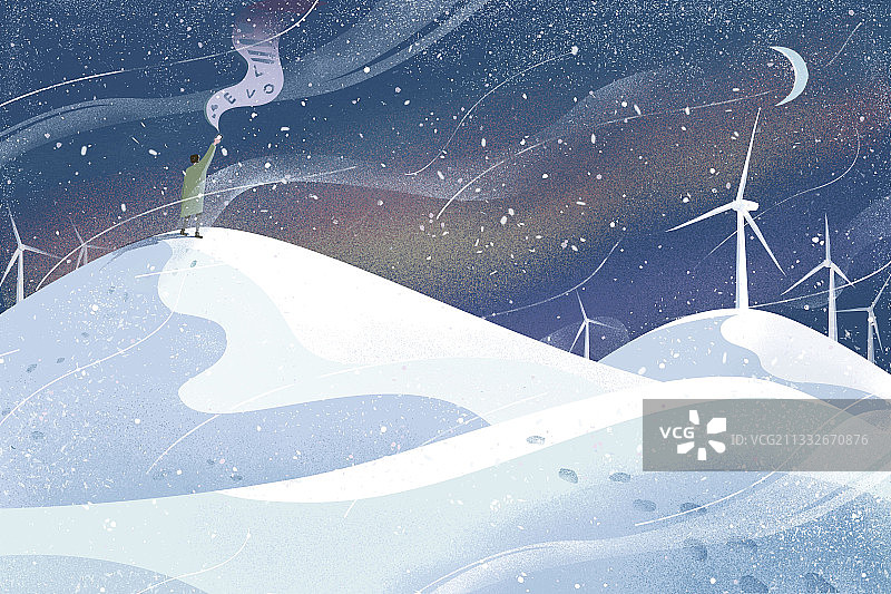 夜晚雪山上举手机的人图片素材