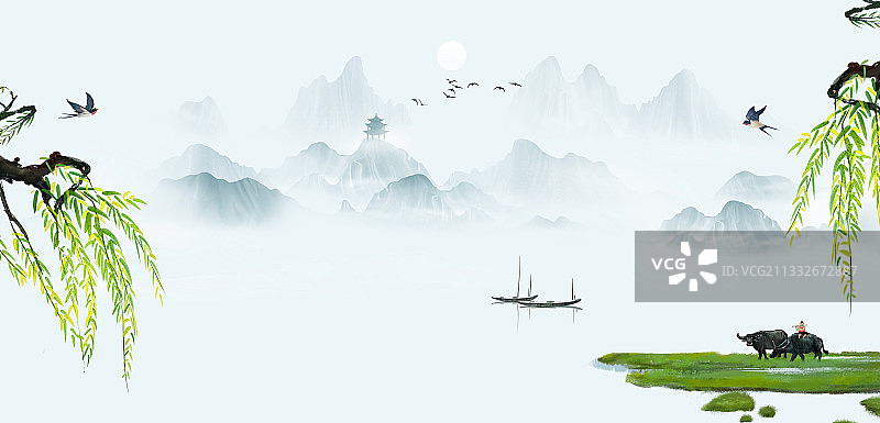 春天山水风景背景插画图片素材