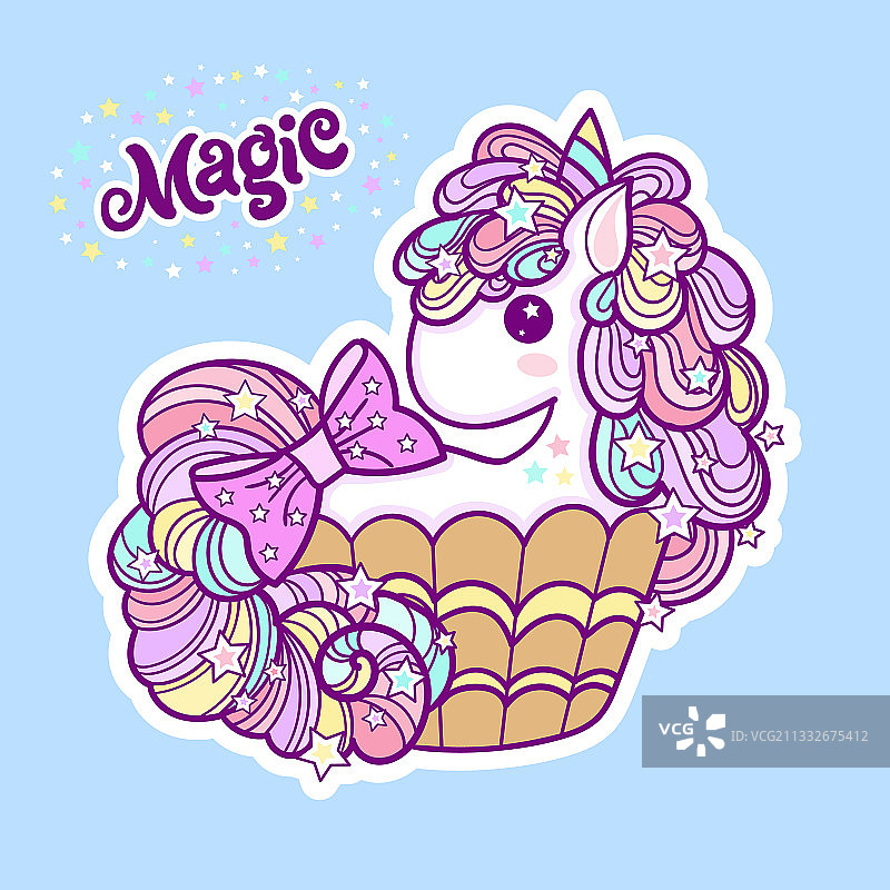 蓝色背景上的可爱独角兽纸杯蛋糕图片素材