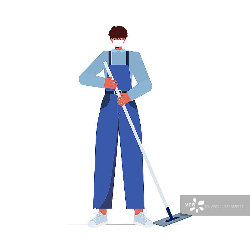 戴着口罩用拖把清洁的男清洁工图片素材