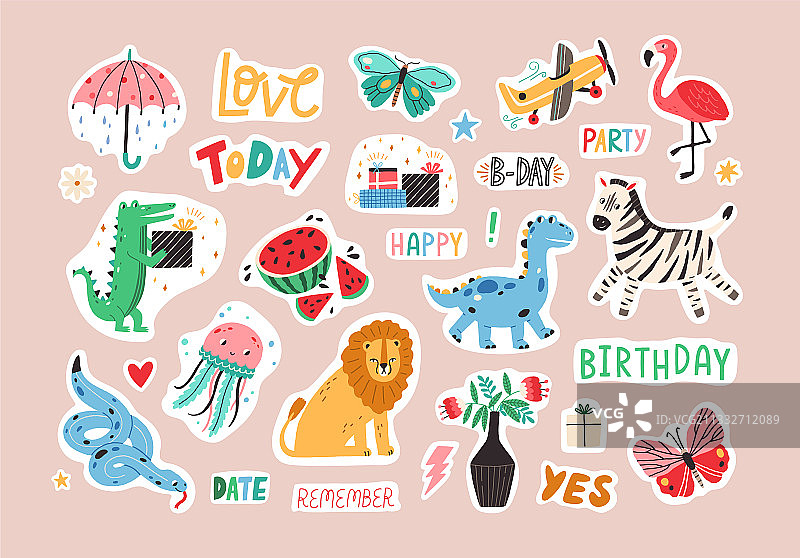 一组带有可爱图案的彩色贴纸图片素材