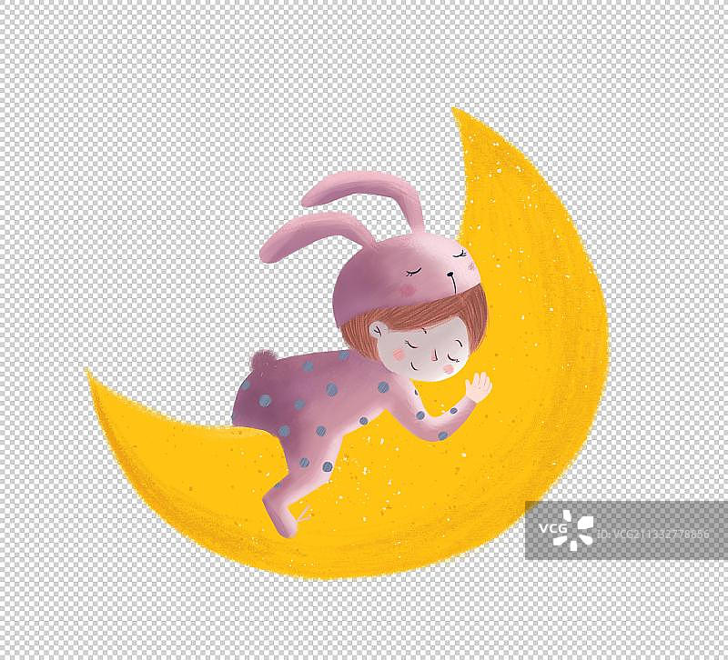 穿着兔子睡衣的女孩温馨地趴在月亮上睡觉图片素材
