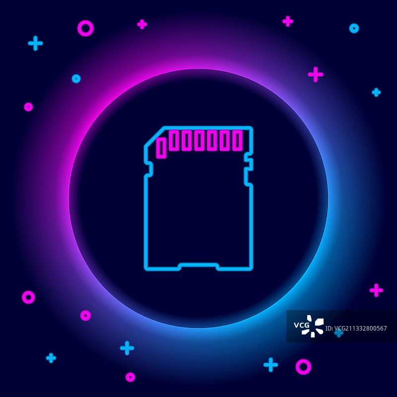 发光的霓虹灯线条SD卡图标，黑色背景图片素材
