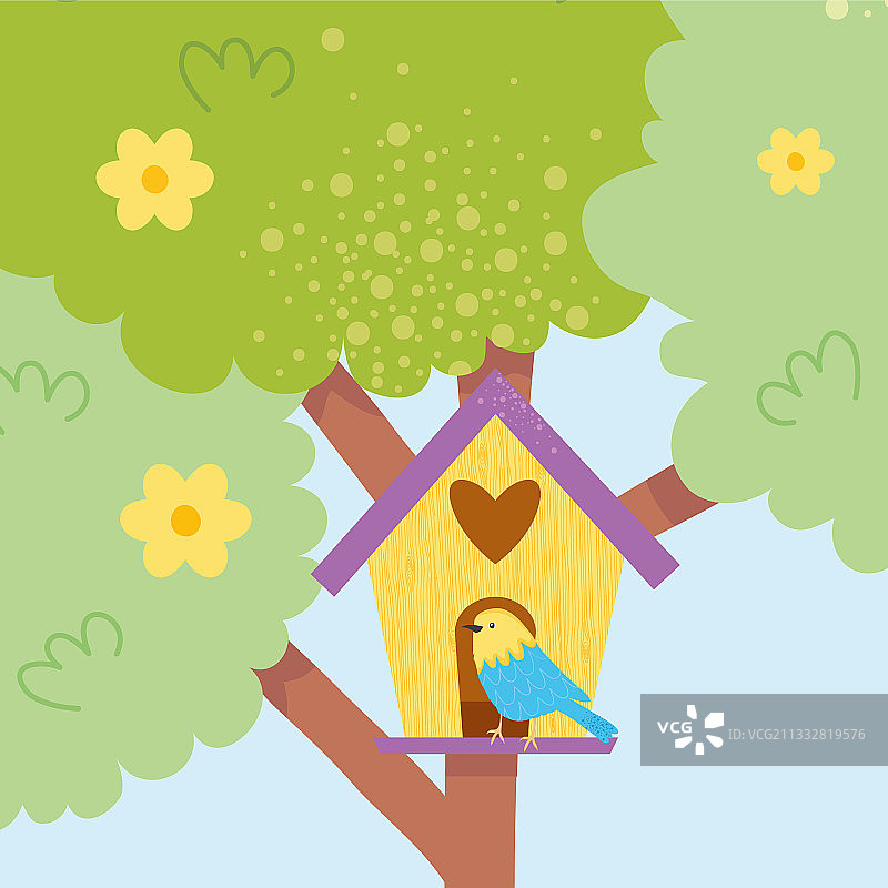 带有鸟舍和可爱小鸟的树图片素材