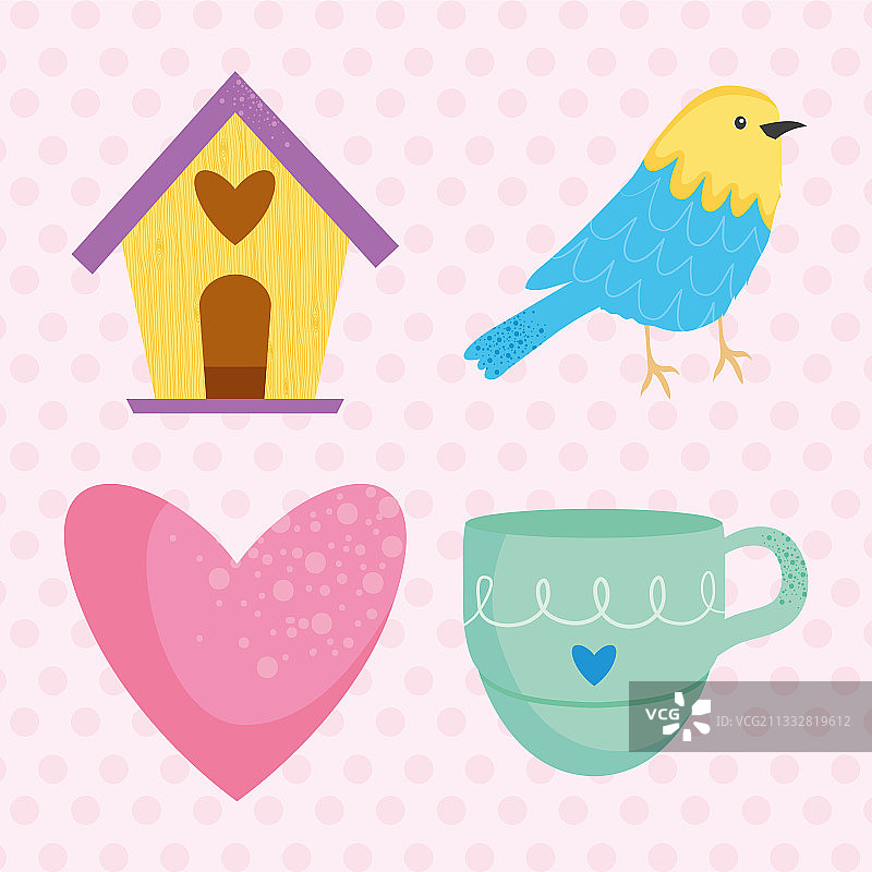 可爱的小鸟和春天图标集彩色设计图片素材