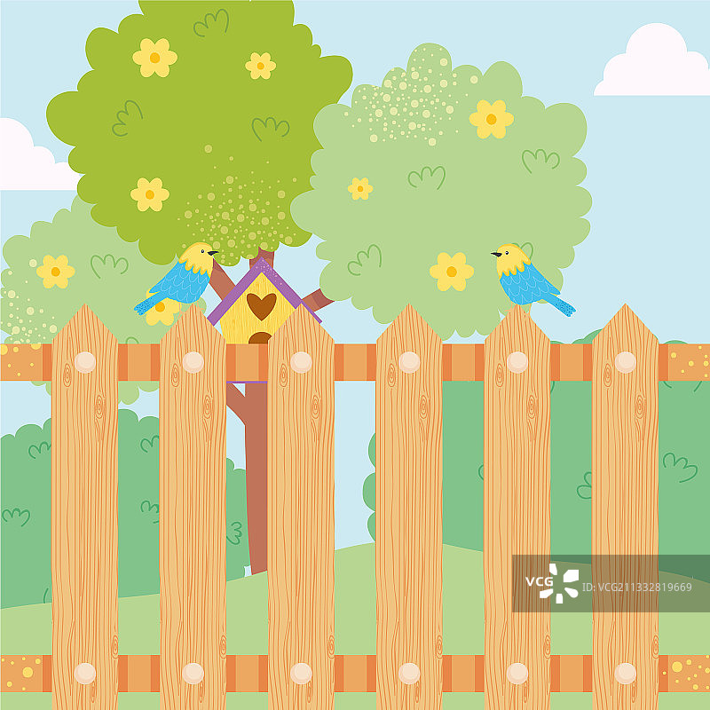 带有鸟舍的木栅栏和树木图片素材