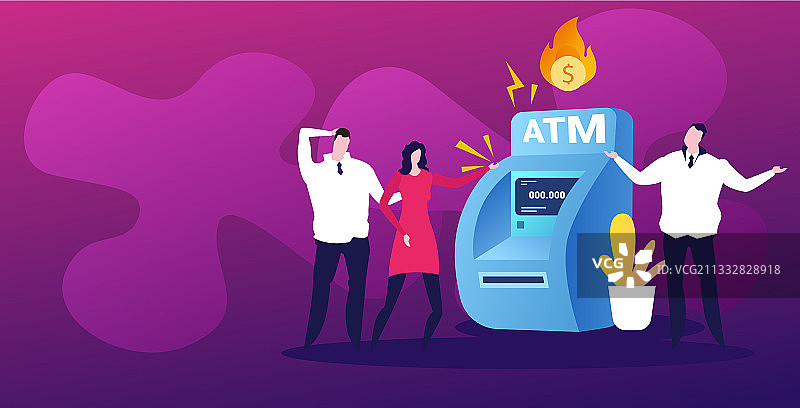 在冒火的自动取款机旁的悲伤商人图片素材