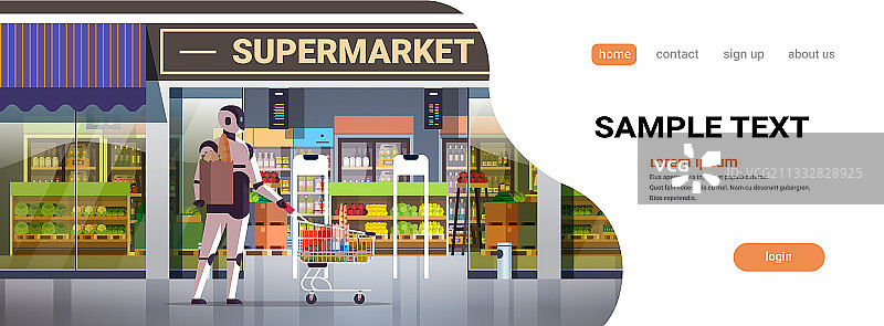 机器人手提杂货袋推着购物车图片素材