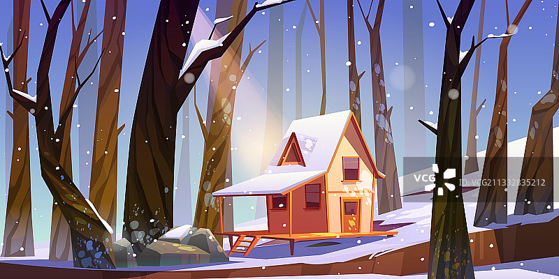 冬季森林中的木制高脚屋图片素材