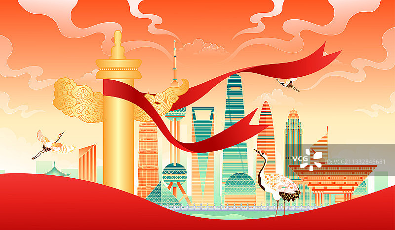 建党节上海城市建筑矢量插画图片素材