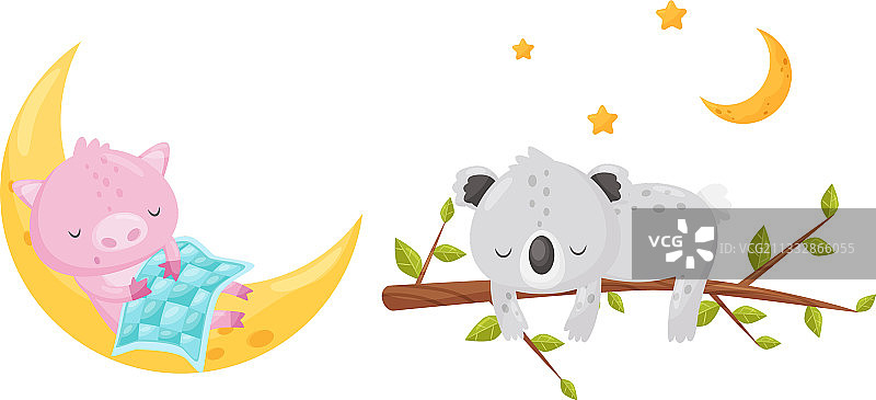 睡在新月上的粉红猪和考拉图片素材