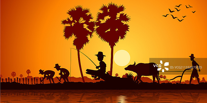 亚洲乡村生活：男孩钓鱼，农民劳作图片素材