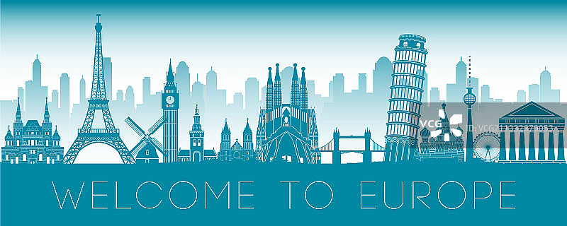 欧洲著名地标蓝绿色剪影图片素材