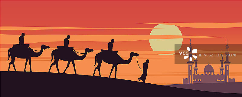 穆斯林骑骆驼前往迪拜清真寺图片素材