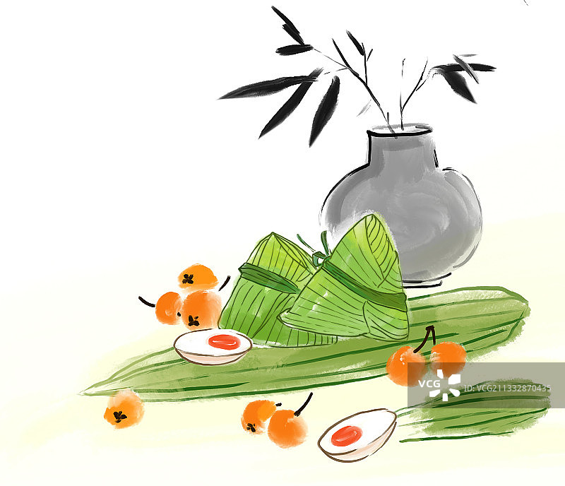 夏季节日端午节美食粽子水墨插画设计素材枇杷咸鸭蛋图片素材