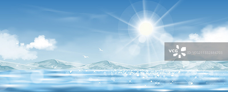 阳光照耀下的蓝色天空海平面图片素材