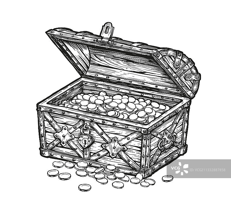 复古金币宝箱素描图片素材