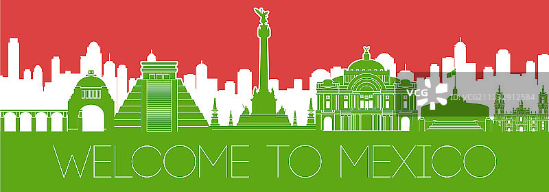 墨西哥著名地标剪影与国旗元素图片素材