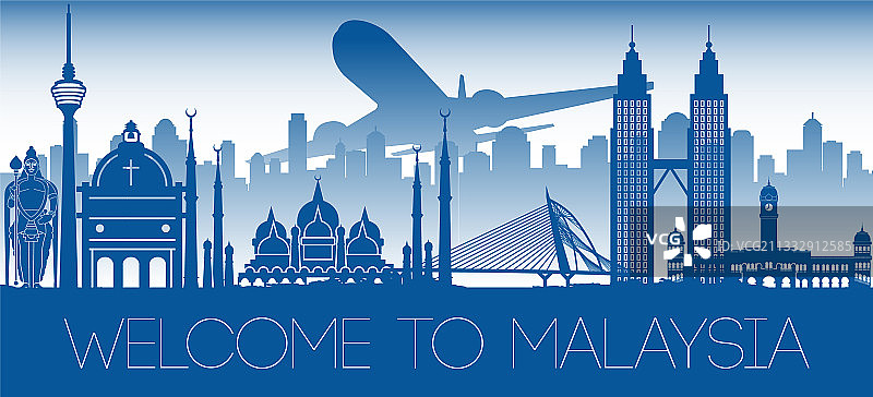 马来西亚著名地标蓝色剪影设计图片素材