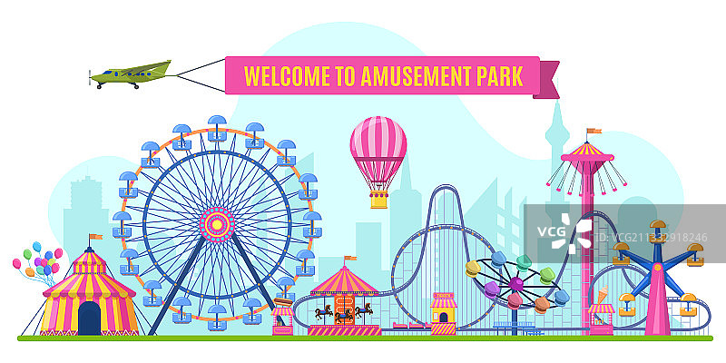 游乐园景观：游乐设施与摩天轮图片素材