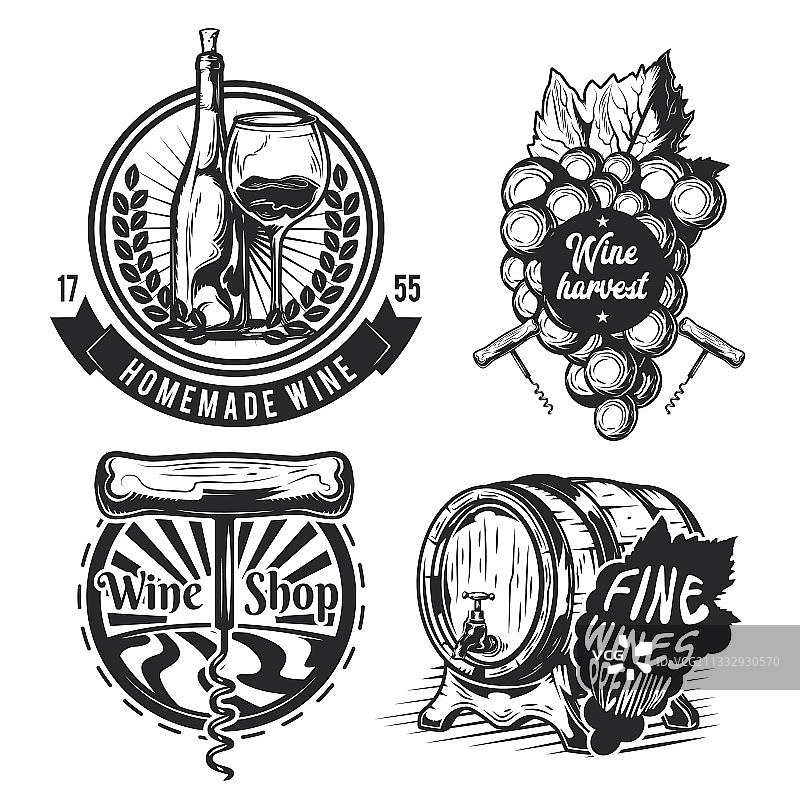 酿酒元素桶葡萄瓶套装图片素材