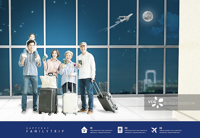 夜晚机场一家人拿着护照和行李箱的合成图图片素材