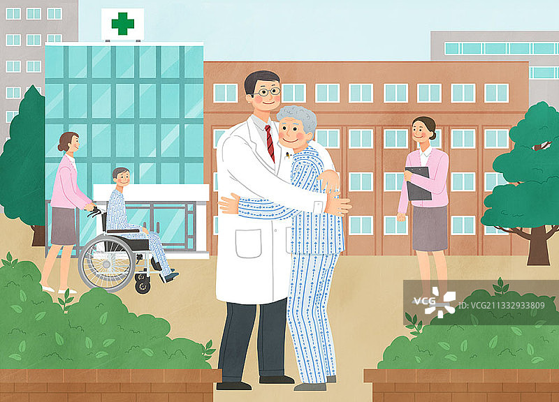 医生在医院前拥抱老人图片素材