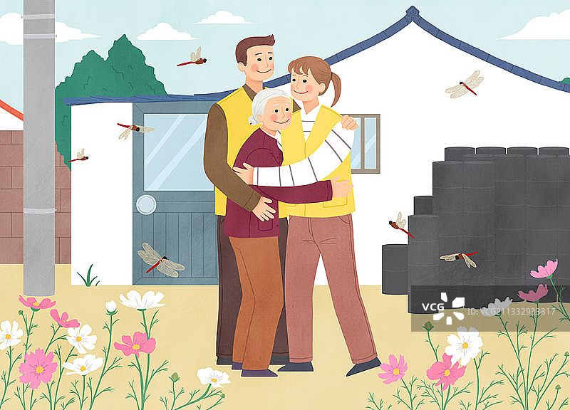 志愿者在房屋前拥抱一位老妇人，周围有蜻蜓飞舞图片素材